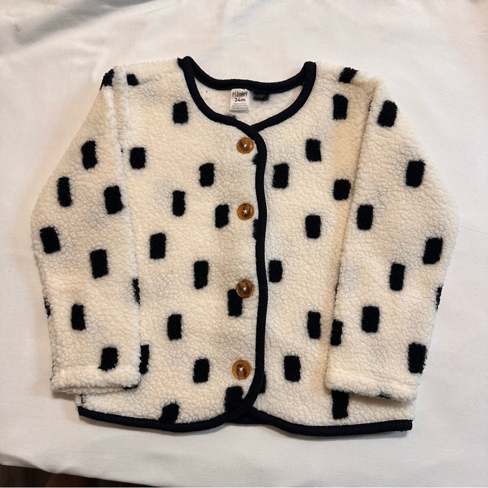 Petit Lem NWT 24M Sherpa Fleece Cardigan Jacket Ivory Black Dot